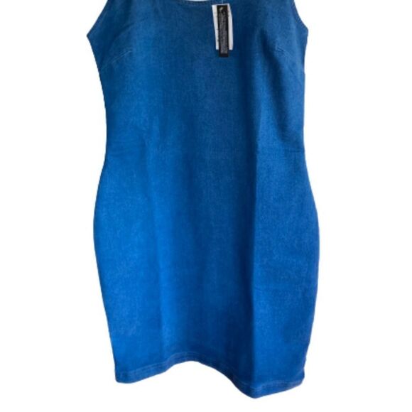 RETROD Dress sleeveless denim stretchy back zip kick pleat Bodycon fitted medium - Picture 15 of 16